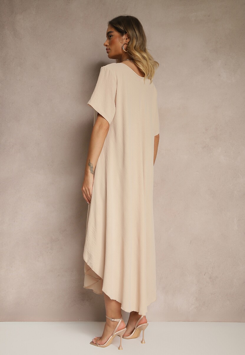 Beżowa Sukienka z Bawełną o Rozkloszowanym Kroju Lilzedi