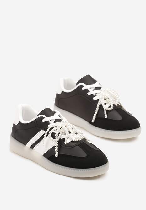 Czarne Sneakersy Typu Kultowe Tenisówki ze Zdobieniem z Perłami Nalavia