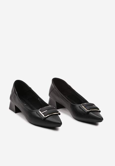 Czarne Czółenka z Ekoskóry na Słupku z Metalową Aplikacją z Cyrkoniami Limata