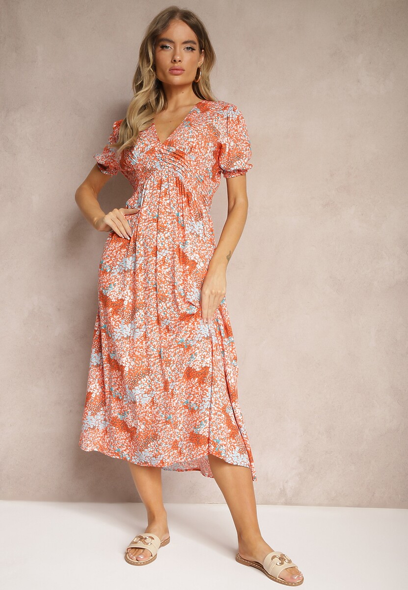 Zielona Wiskozowa Sukienka Midi z Krótkimi Rękawami i Głębokim Dekoltem Emsle