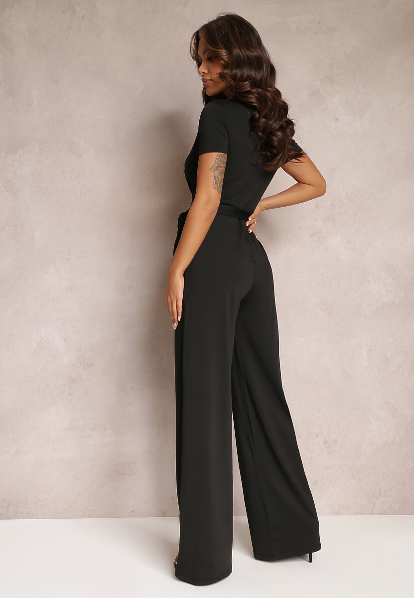 Czarny Wiązany Kombinezon z Długimi Nogawkami i Kopertowym Dekoltem Adithia