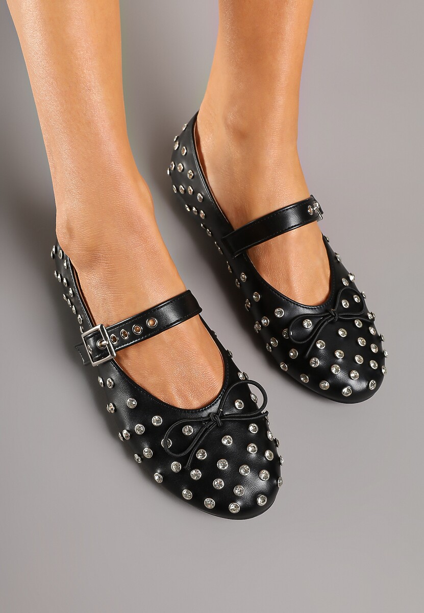 Czarne Balerinki z Ozdobnymi Nitami i Kokardą Ridiante