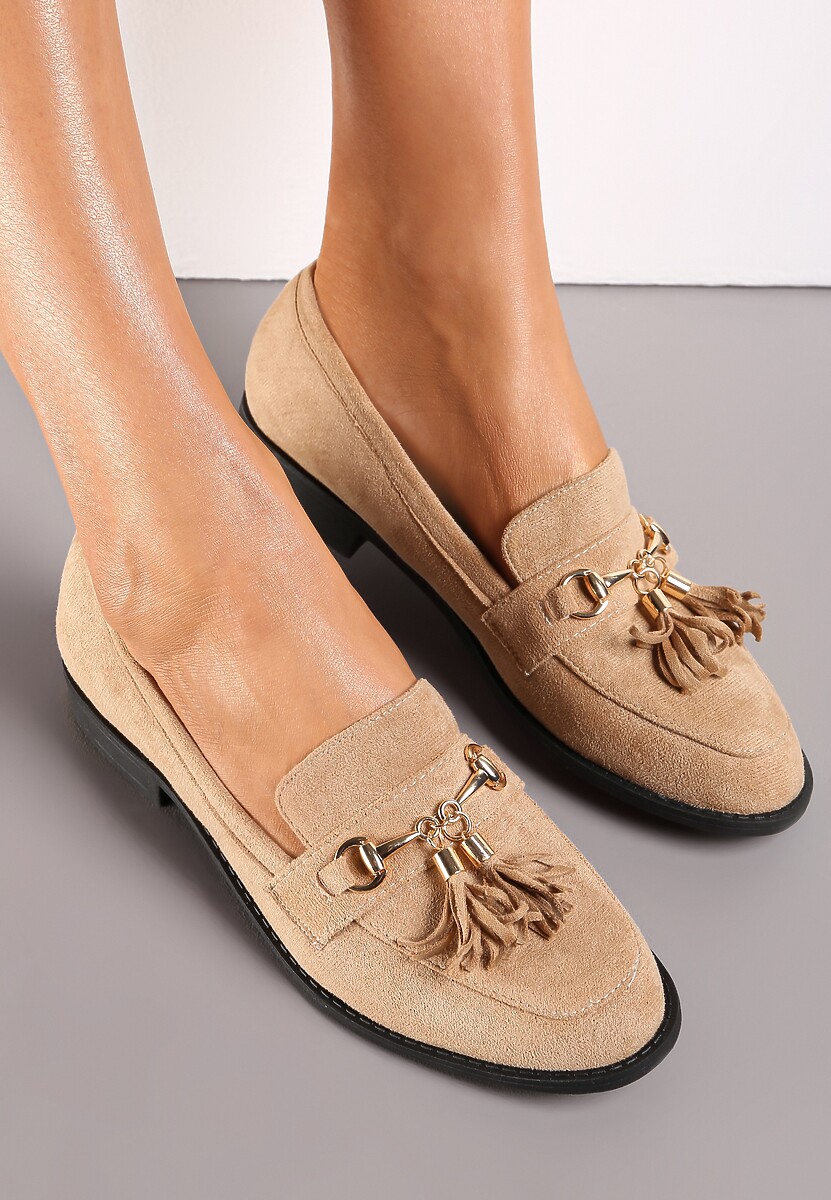 Beżowe Mokasyny na Płaskiej Podeszwie z Chwostami Aniaya