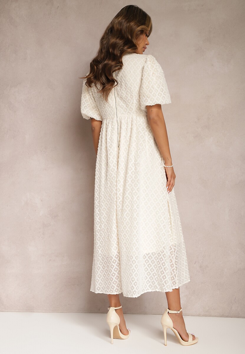 Beżowa Rozkloszowana Sukienka Haftowana Maxi z Krótkim Rękawem Garneta