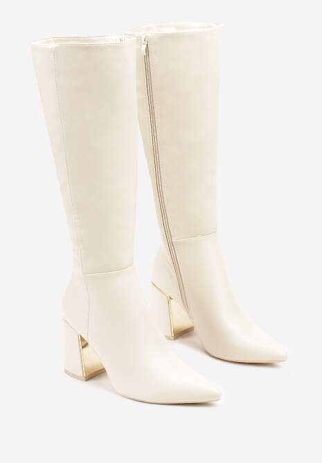 Beżowe Eleganckie Kozaki na Słupkowym Obcasie z Aplikacją i Noskiem w Szpic Noellame