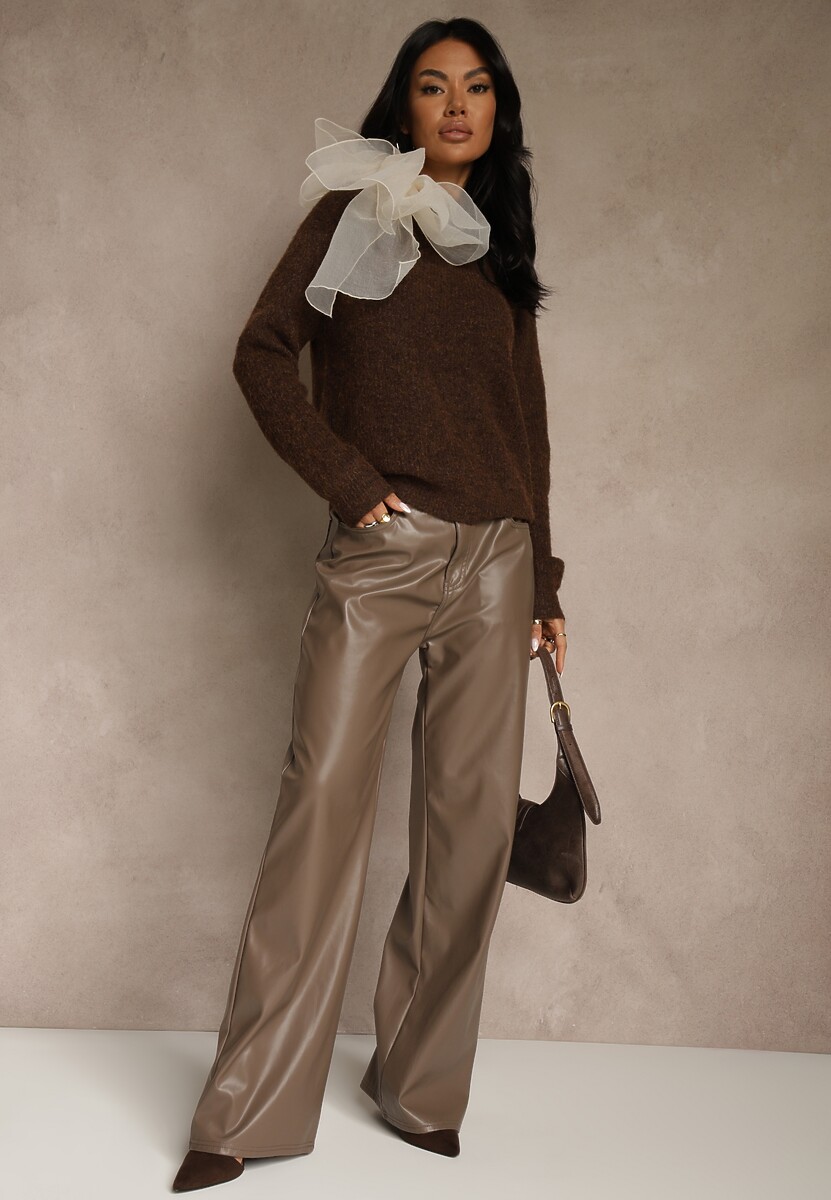 Brązowy Sweter z Dodatkiem Wełny Ozdobiony przy Szyi Wiązaniem Tusmele