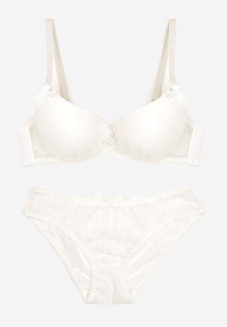 Jasnobeżowy Komplet z Koronki Majtki Typu Figi i Biustonosz z Kokardami i Usztywnieniem Arrbelia