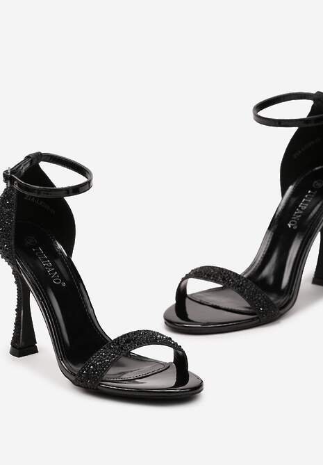 Czarne Brokatowe Sandały na Klepsydrowej Szpilce z Drobnymi Cyrkoniami Isoldis