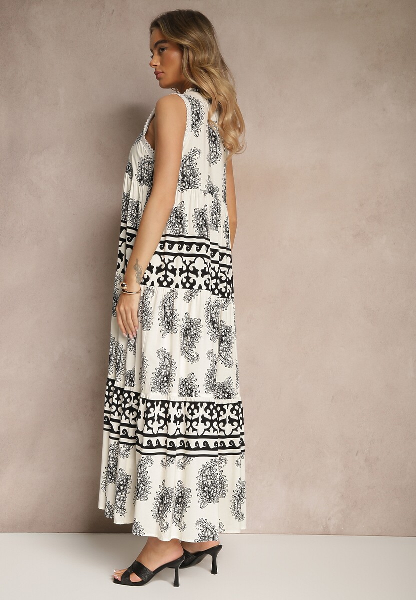 Czarna Rozkloszowana Sukienka z Wiskozy Wiązana pod Szyją w Print Paisley Nreadia