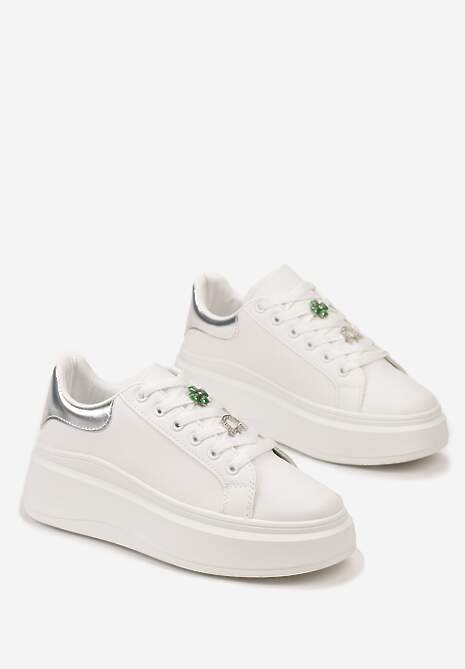 Biało-Srebrne Sneakersy Ozdobione Cyrkoniami i Kwiatami na Grubej Podeszwie Rainasse