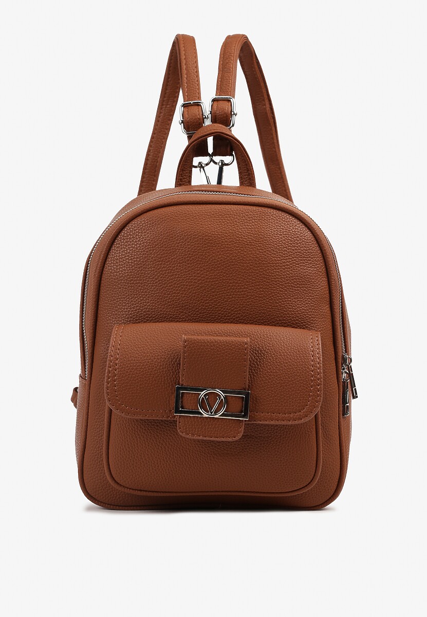 Beżowy Mały Plecak z Kieszonką i Metaliczną Ozdobą na Szelkach z Regulacją Ravasindra