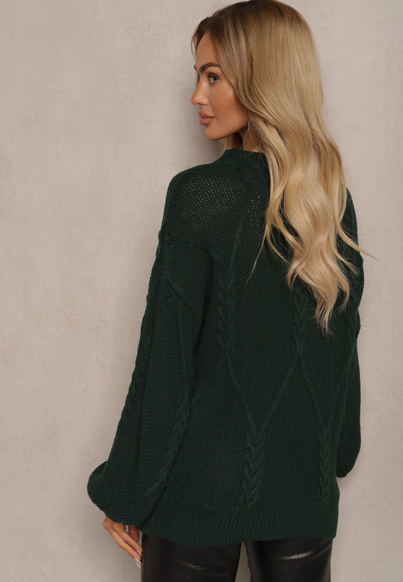 Ciemnozielony Sweter z Ozdobnym Tłoczeniem i Ściągaczami Temariel