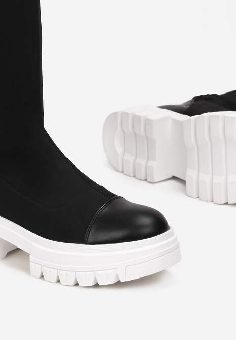 Czarno-Białe Kozaki za Kolano z Elastyczną Cholewką Penthiche