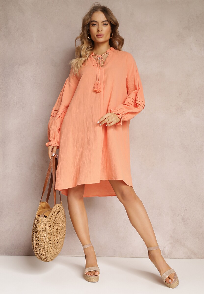 Pomarańczowa Sukienka Mini z Bawełny z Ozdobnymi Rękawami i Wiązaniem przy Dekolcie Shamika
