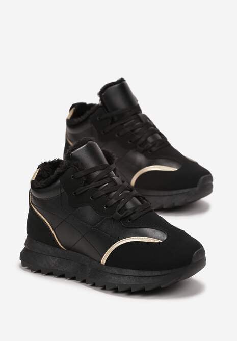Czarne Sznurowane Sneakersy Ocieplane Futerkiem z Cholewką z Ekoskóry Bega