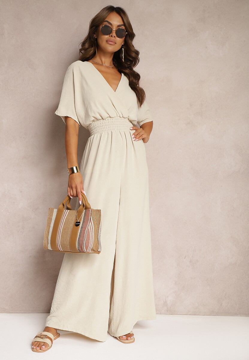 Beżowy Taliowany Kombinezon z Zakładkowym Dekoltem i Gumką w Pasie Vimalynna