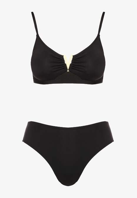 Czarne Bikini Majtki Figi i Biustonosz Ozdobiony Metaliczną Aplikacją Kinniela