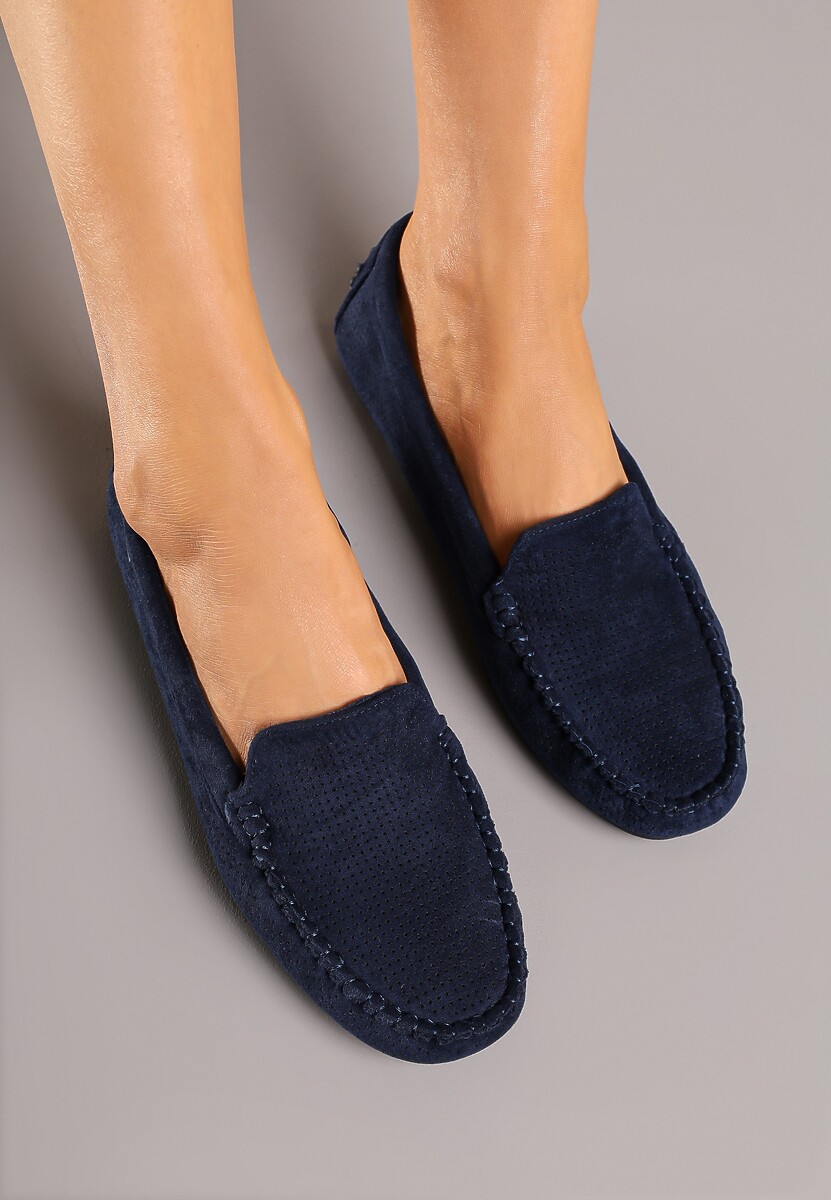 Granatowe Klasyczne Mokasyny z Przeszyciem Wokół Noska Semaneve