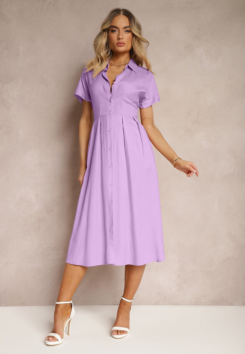 Fioletowa Sukienka Koszulowa z Lnem i Wiskozą Jucilla