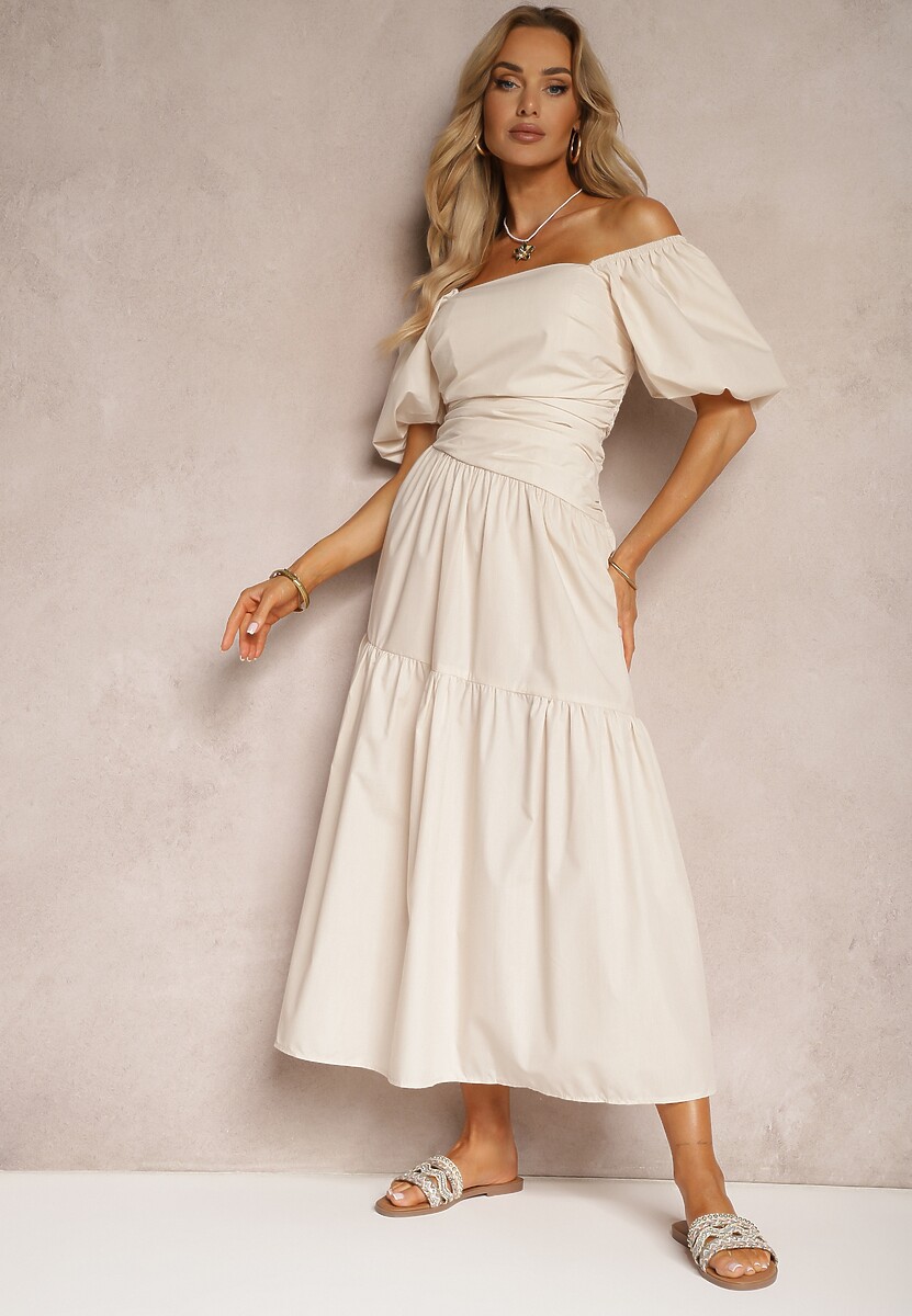 Beżowa Sukienka z Marszczeniem i Wiskozą Ozdobiona Bufiastymi Rękawami i Falbanką Monvia