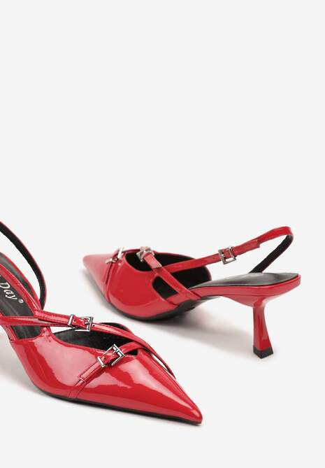 Czerwone Lakierowane Sandały z Obcasem Kaczuszką Ozdobione Paskami ze Sprzączkami Falinivia