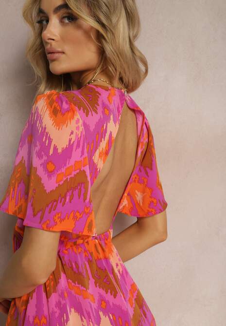Fioletowo-Pomarańczowa Sukienka Rozkloszowana z Dekoltem w V Natica