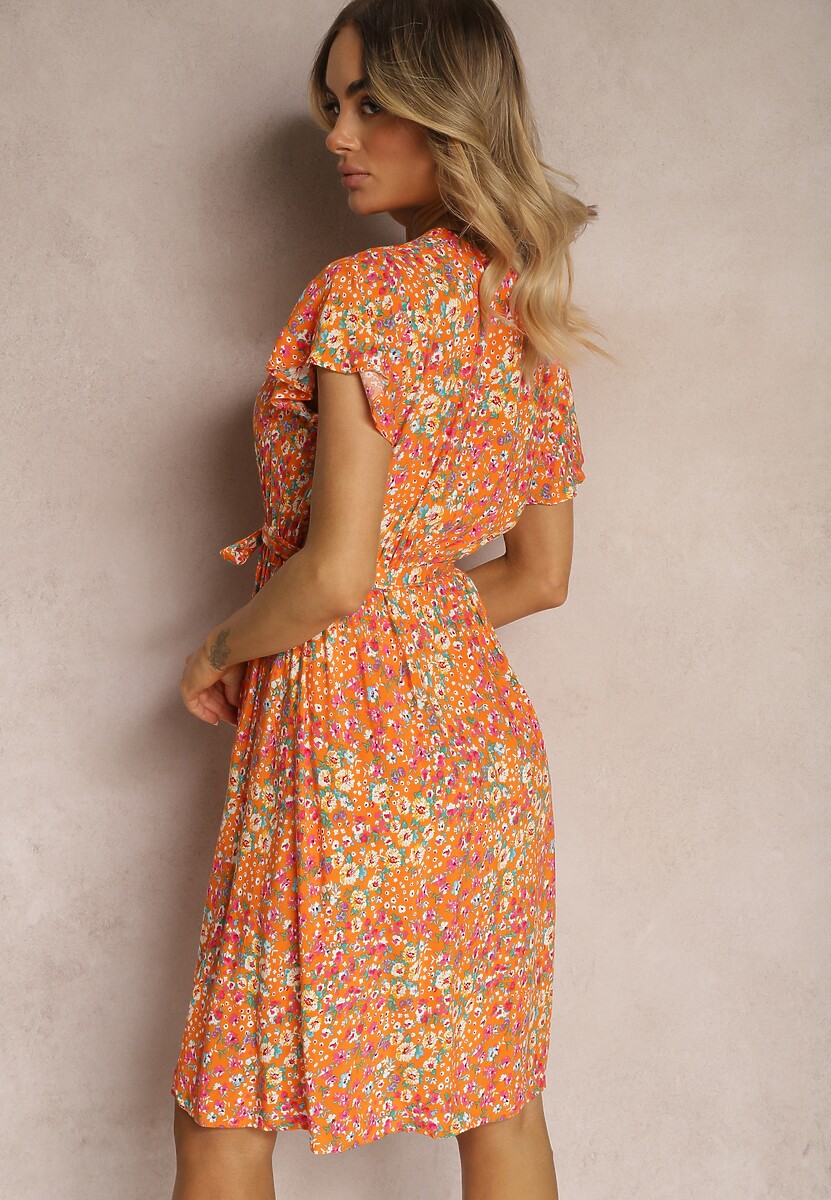 Pomarańczowa Sukienka z Wiskozy z Kopertowym Dekoltem Wykończona Gumką w Pasie i Sznurkiem Abrolea