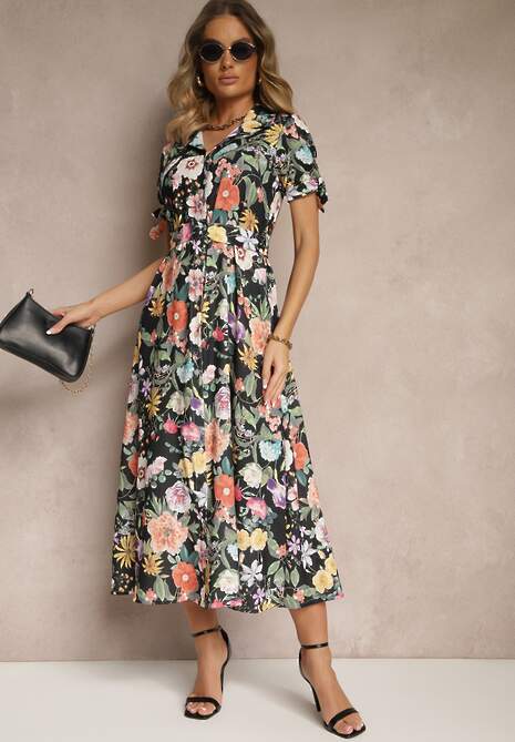 Czarna Koszulowa Sukienka w Kwiaty o Rozkloszowanym Fasonie z Paskiem Fevalirra