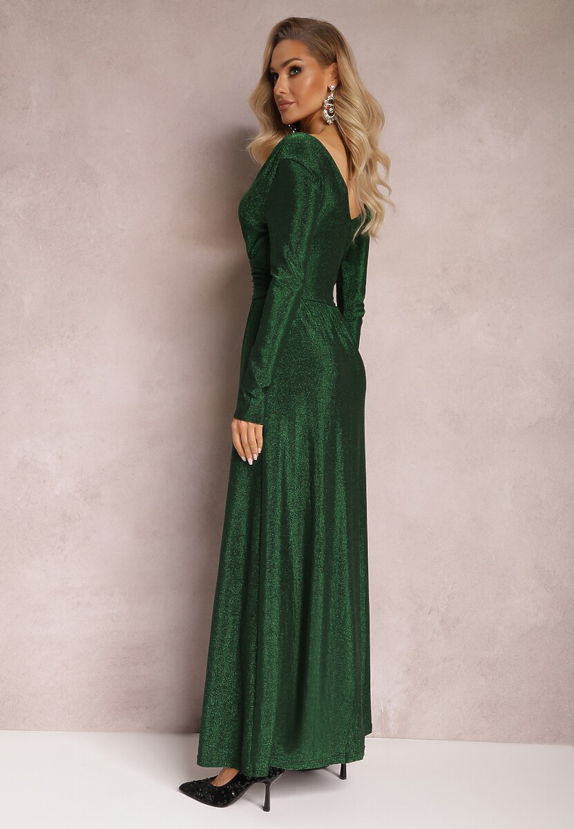 Zielona Rozkloszowana Sukienka Maxi z Błyszczącego Materiału z Drapowaniem w Talii Kizzetta