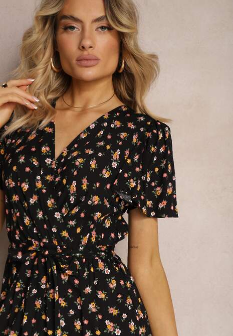 Czarno-Różowa Sukienka z Wiskozy z Dekoltem w Serek z Gumką w Pasie i Materiałowym Paskiem Ganeslla