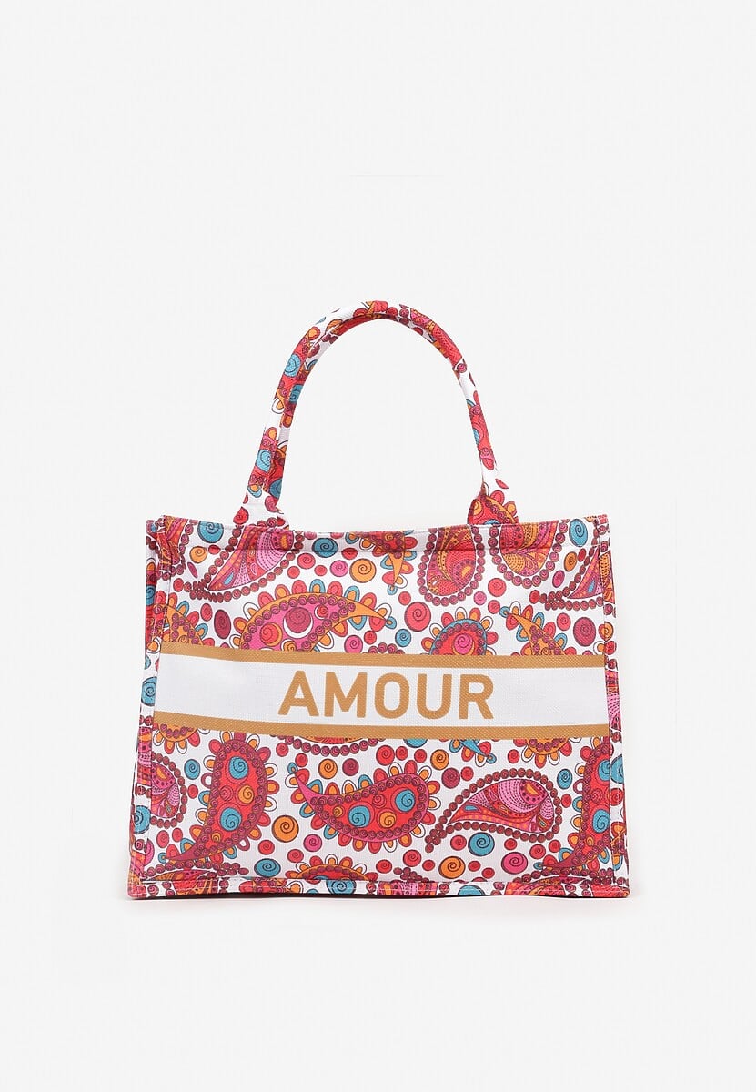 Czerwona Torebka Shopperka z Napisem i Wzorem Paisley Davirna