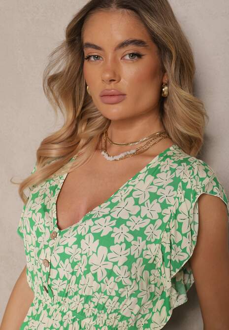 Zielona Rozkloszowana Sukienka z Bawełny w Kwiatowy Wzór z Gumką w Talii Alaniria