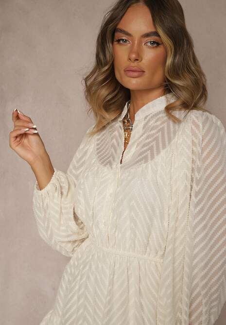 Jasnobeżowa Sukienka Mini w Skośne Paski o Rozkloszowanym Fasonie z Gumką w Talii Tennari