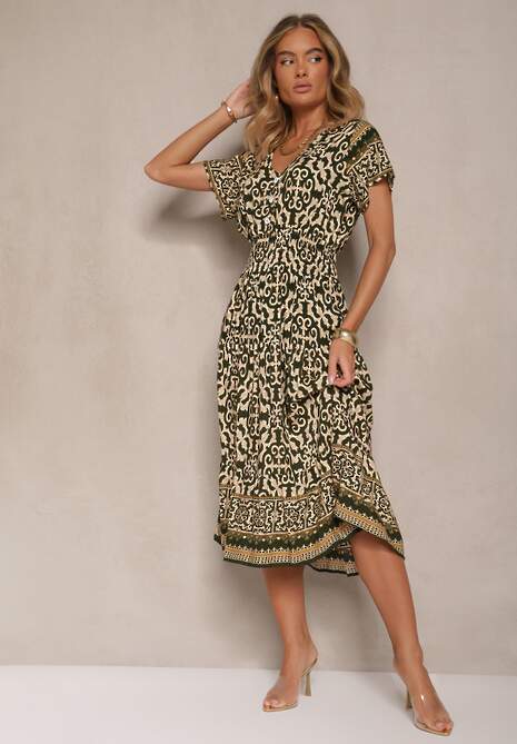 Zielono-Beżowa Sukienka z Bawełny Ozdobiona Ornamentnym Motywem Fillena