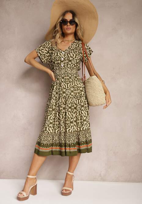 Ciemnozielona Sukienka z Bawełny z Trójkątnym Dekoltem i Gumką w Talii Zapinana na Guziki Lavlea