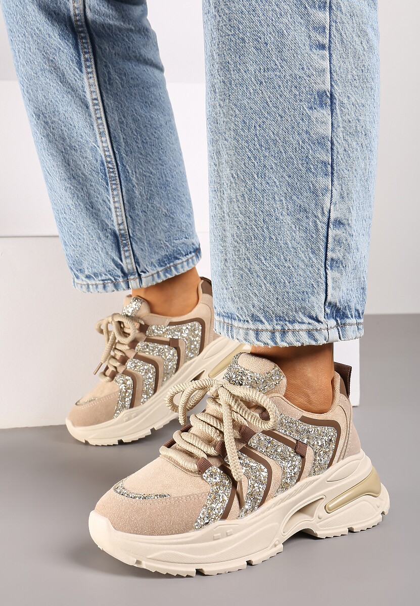 Ciemnobeżowe Sznurowane Sneakersy na Platformie Ozdobione Brokatem Ewla
