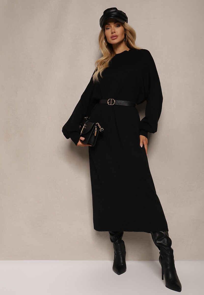 Czarna Pudełkowa Sukienka z Wiskozą i Półgolfem Salindra