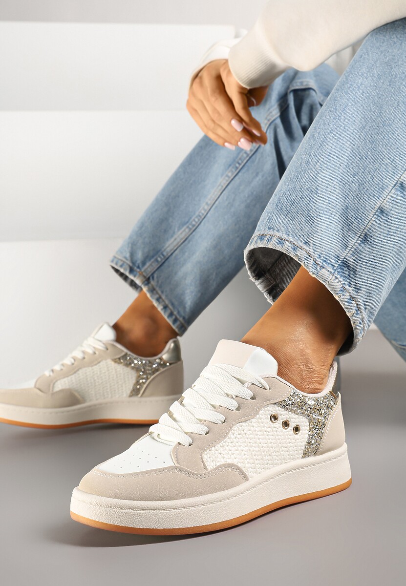 Różowo-Beżowe Streetwearowe Sneakersy Zdobione Przeszyciami Neonisea