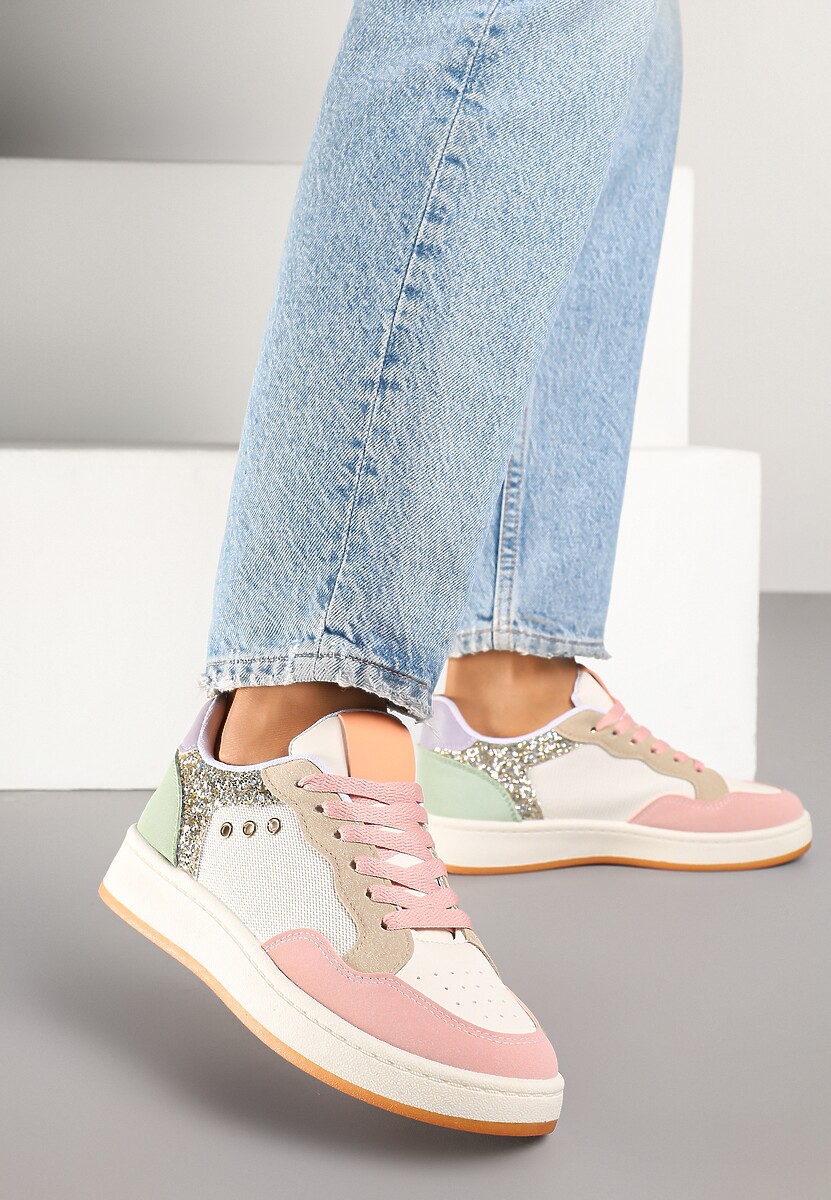 Różowo-Beżowe Streetwearowe Sneakersy Zdobione Przeszyciami Neonisea