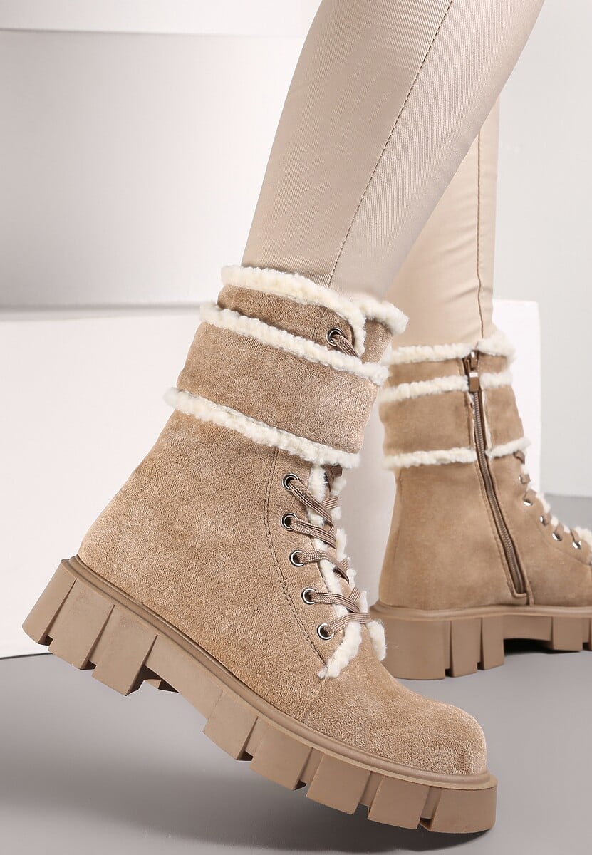 Ciemnobeżowe Botki Workery na Grubej Podeszwie z Futerkiem Valiro