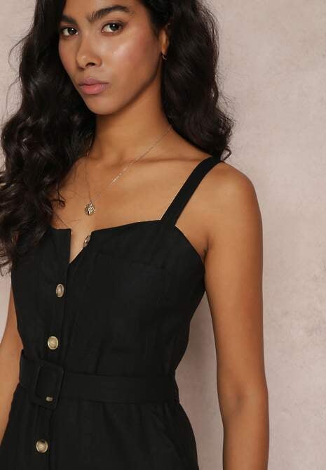 Czarny Kombinezon na Ramiączkach z Kieszeniami i Paskiem ze Sprzączką Jedia