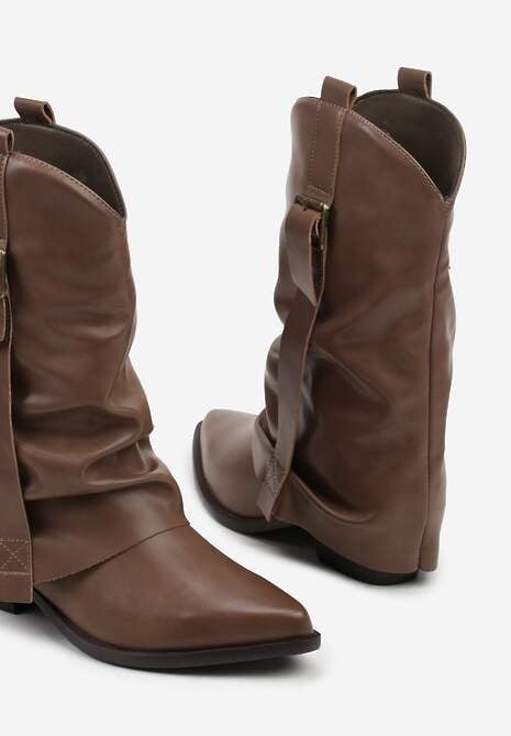 Brązowe Botki Kowbojki z Wywiniętą Cholewką z Marszczeniem Ilova