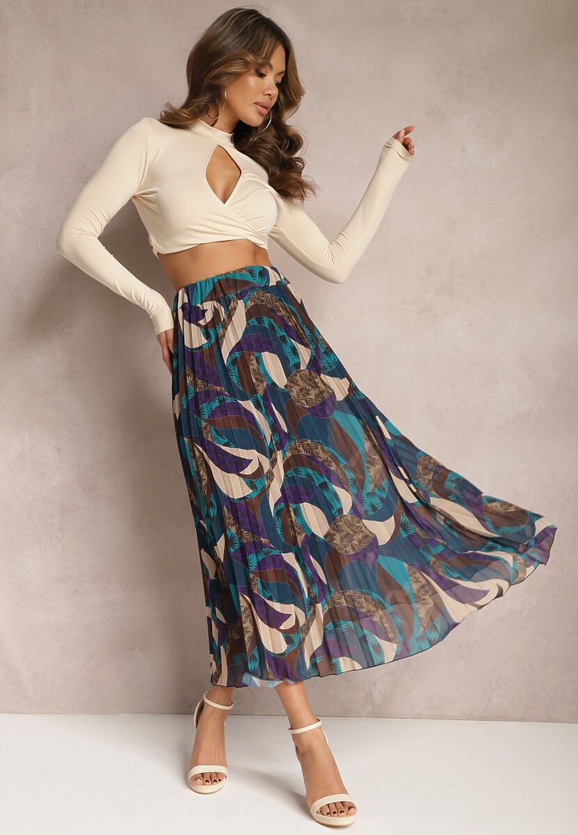 Fioletowo-Niebieska Długa Spódnica Plisowana w Abstrakcyjny Malarski Wzór Ariamitta