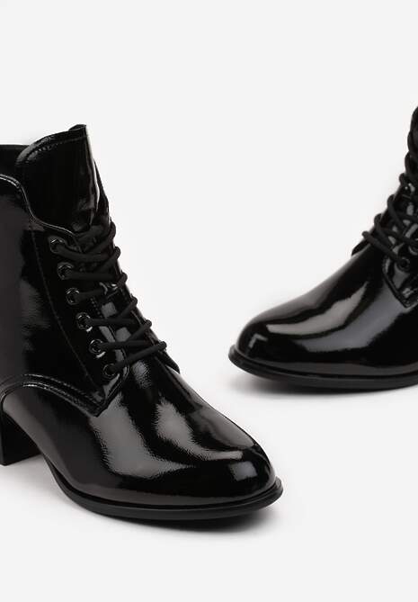 Czarne Botki w Stylu Trzewików z Lakierowanym Efektem Bebotta