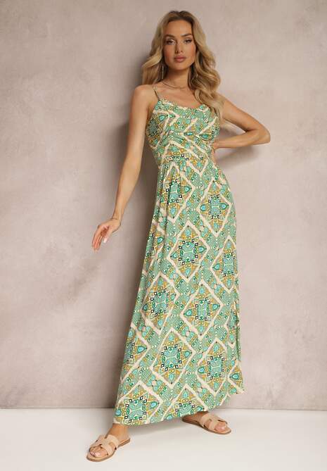 Zielona Sukienka z Wiskozy na Cienkich Regulowanych Ramiączkach z Gumkami w Talii Estilla