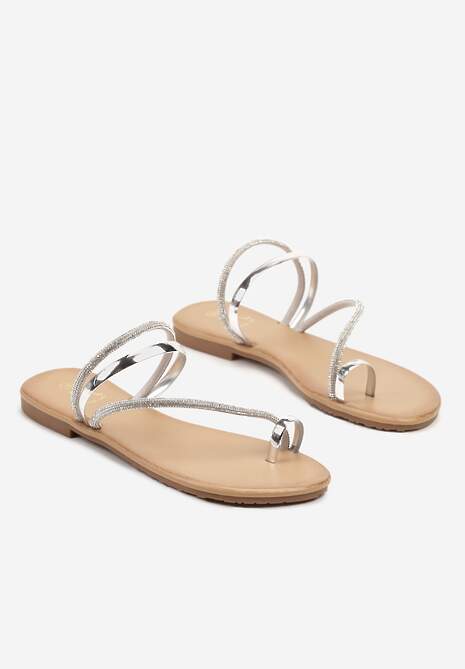 Srebrne Klapki w Stylu Japonek Ozdobione Cyrkoniami Firfia