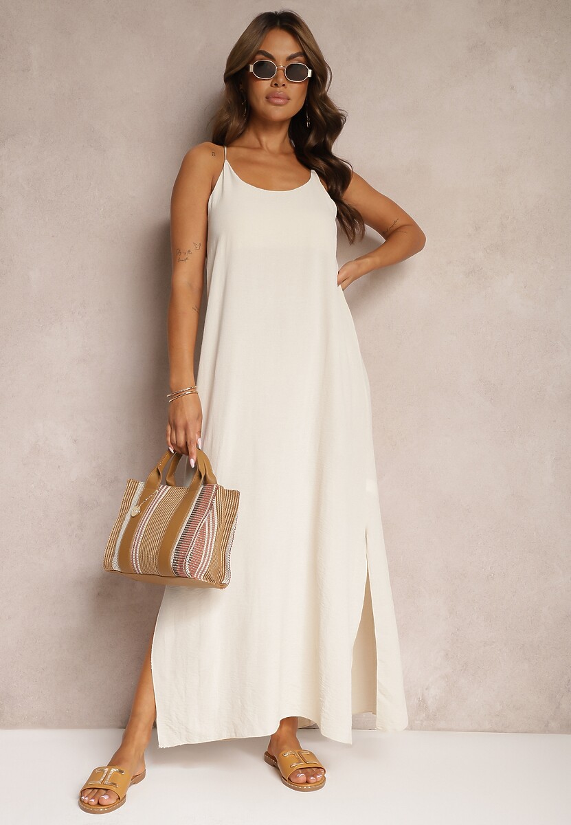 Beżowa Sukienka na Ramiączkach o Taliowanym Kroju Rivatta