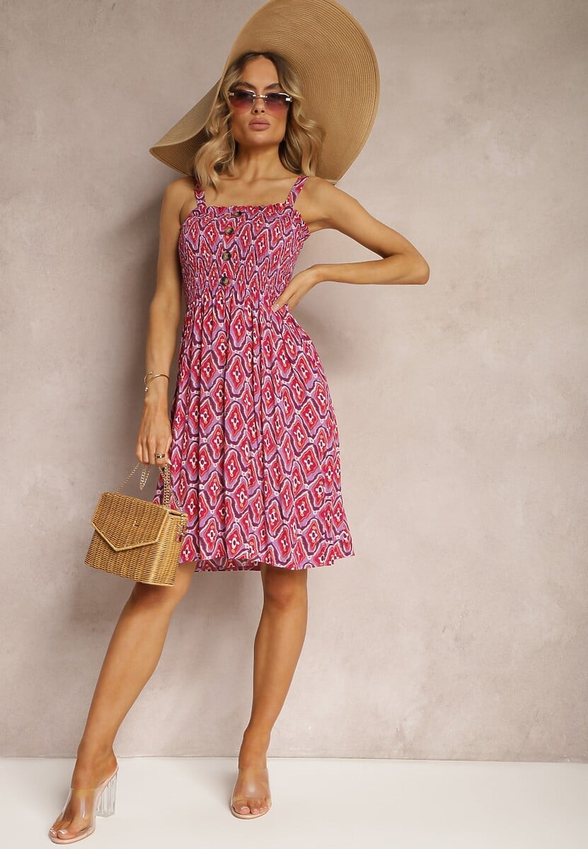 Fioletowo-Czerwona Wiskozowa Sukienka na Regulowanych Ramiączkach z Marszczonym Dekoltem Lalemia