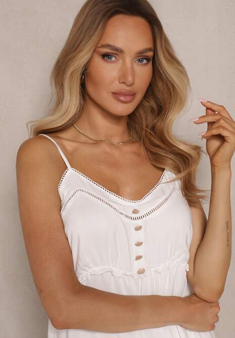 Biała Rozkloszowana Sukienka na Cienkich Ramiączkach z Wiskozy i Bawełny Mimilia