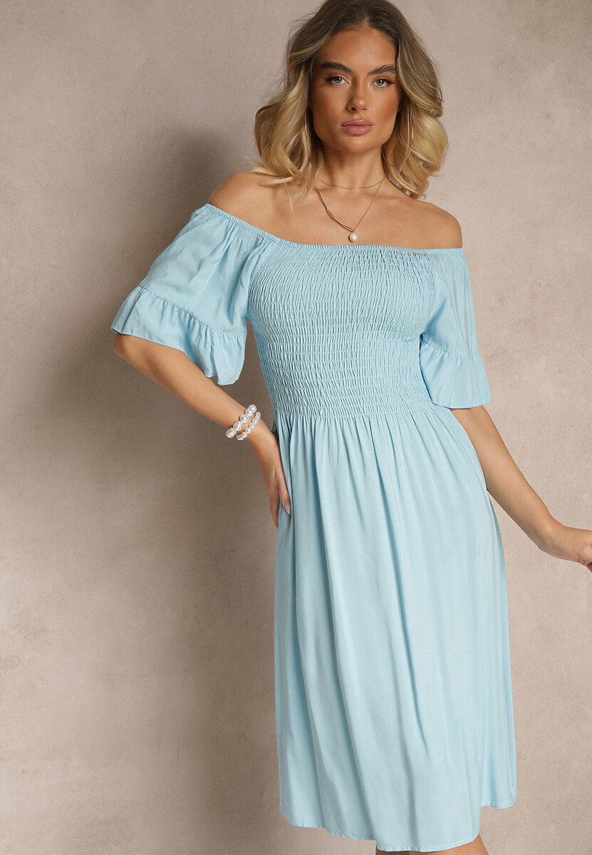 Jasnoniebieska Sukienka Rozkloszowana z Bawełny z Bufkami w Ramionach i Gumkami w Biuście Norlio